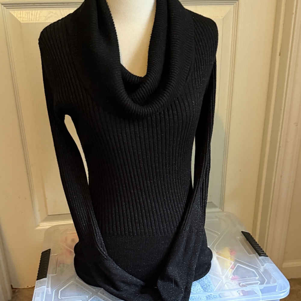 It's Our Time Black Silver Metallic Ribbed Cowl Neck Sweater